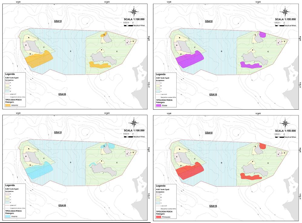 Fig. 3 Distribuzione spazio-temporale della pesca a palangaro operante nella AMP Isole Egadi La pesca a circuizione è, ancor più delle altre tecniche di pesca, fortemente influenzata dalle condizioni
