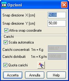 5 Definizione scala carichi La finestra modale viene visualizzata quando si clicca sul pulsante Opzioni presente sulla barra inferiore dell ambiente grafico.