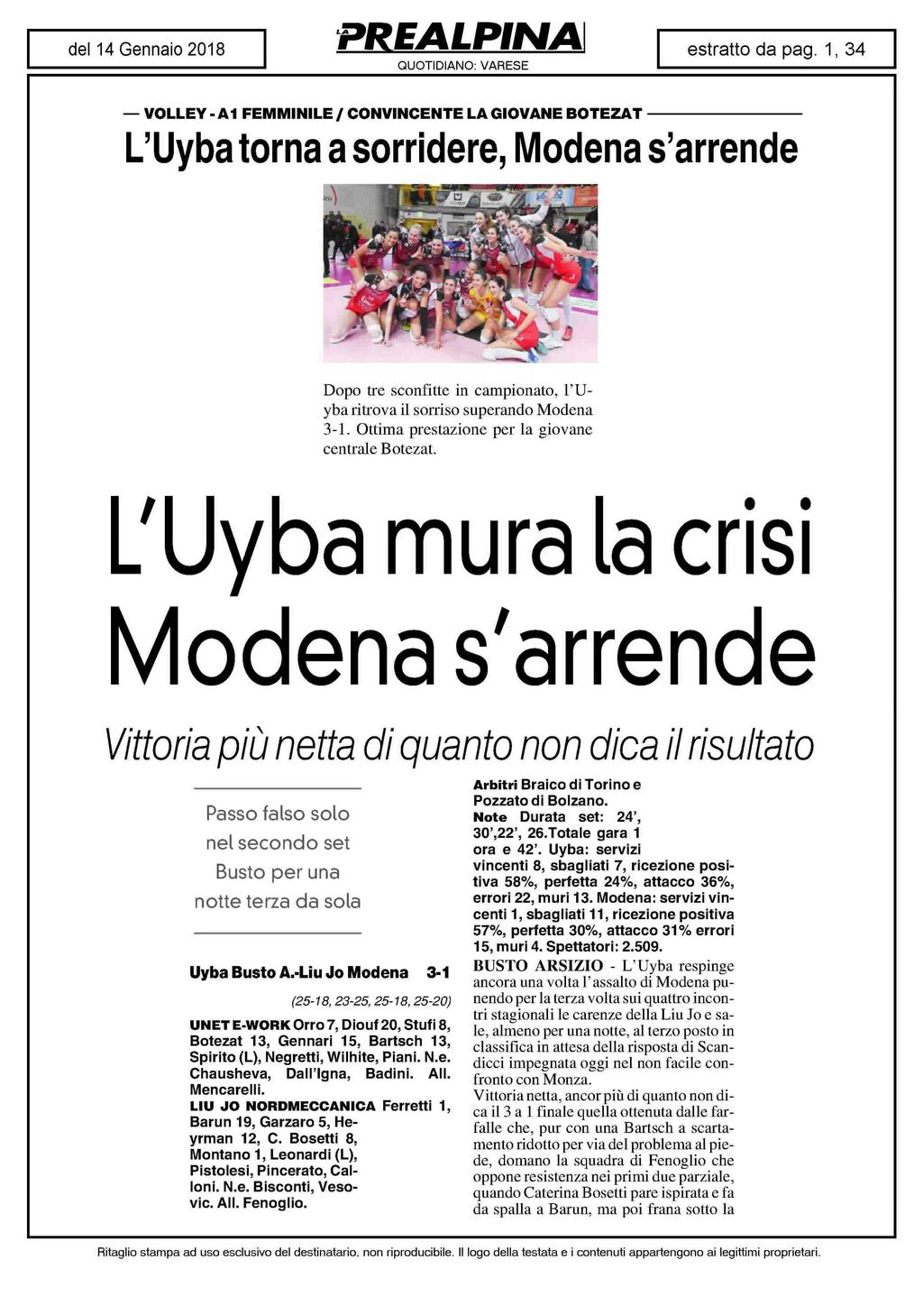 VOLLEY - Al FEMMINILE / CONVINCENTE LA GIOVANE BOTEZAT L'Uyba torna a sorridere, Modena s'arrende Dopo tre sconfitte in campionato, l'uyba ritrova il sorriso superando Modena 3-1.