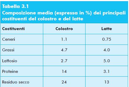 Il latte Appena dopo il parto il latte ha una diversa composizione da quella vera e propria.