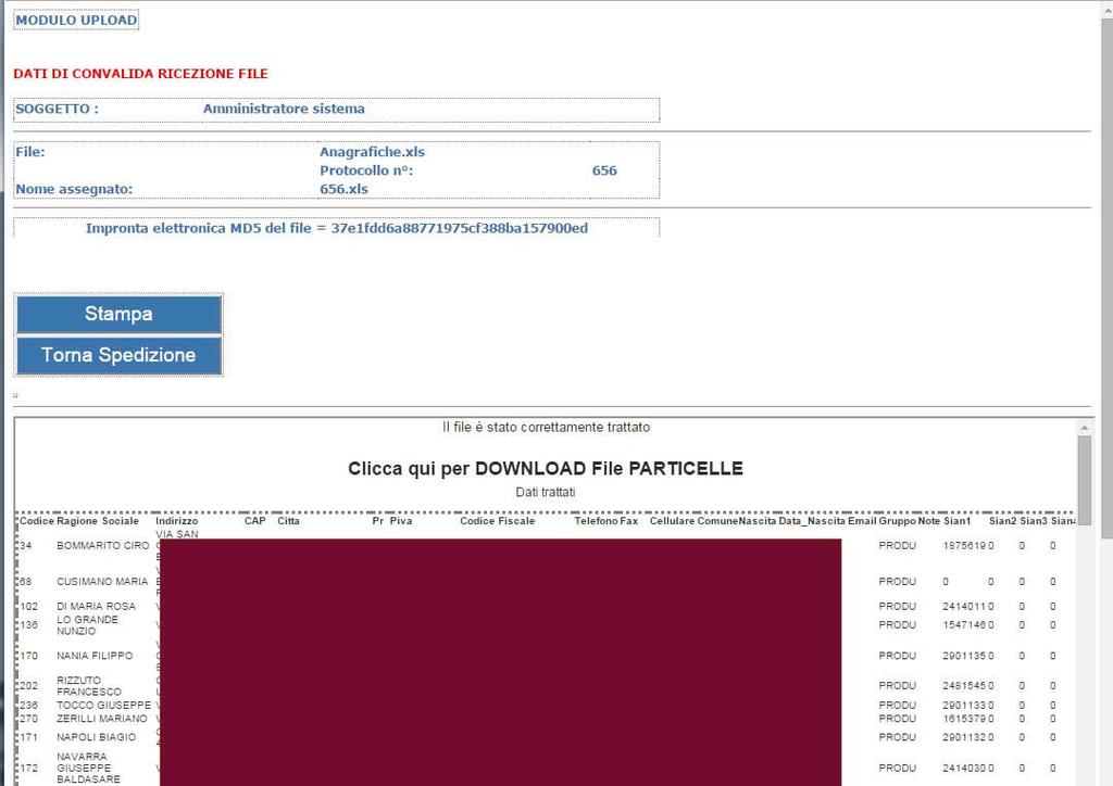 27 di 29 Figura 30 - Conferma invio dati Dopo aver inviato il file al sistema e la successiva elaborazione, si ottiene la ricevuta di corretta importazione dei dati stessi.