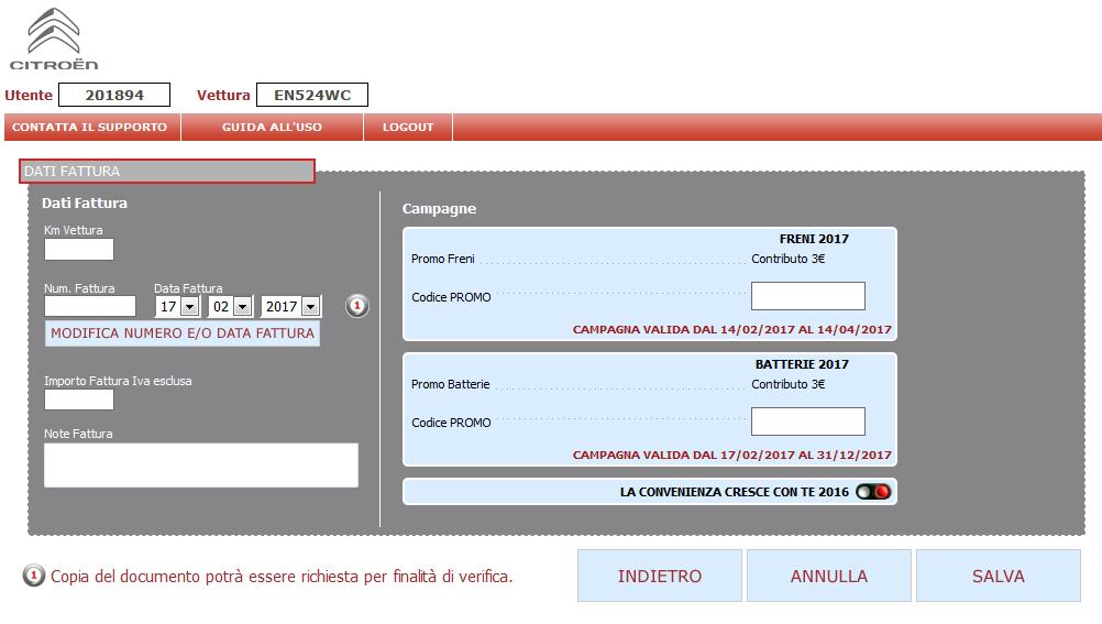 Inserimento Fatture promo BATTERIA 2017 Compare una nuova schermata, dove è possibile indicare le informazioni salienti: I