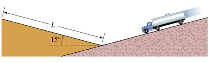 Esercizio Un camion che viaggia a v = 130 km/h imbocca la corsia di emergenza, che consiste in un tratto lungo L in salita di pendenza 15.