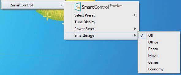 Il Context Menu (Menu Contestuale) ha quattro voci: SmartControl Premium - Quando selezionato, è visualizzata la schermata About (Informazioni) sullo schermo.