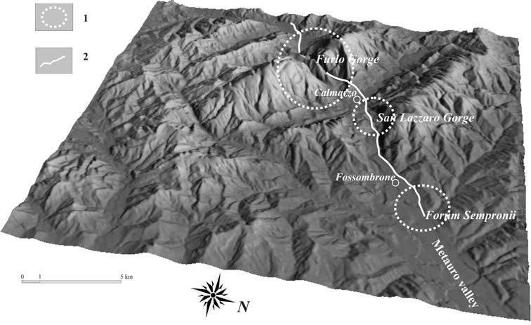 102 LUNI M. - MEI O. - NESCI O. - SAVELLI D. - TROIANI F. Fig. 2 - Digital Terrain Model (DTM) of the study area (kriging grid, 25 m resolution; vertical amplification: 1: sites described in the text.