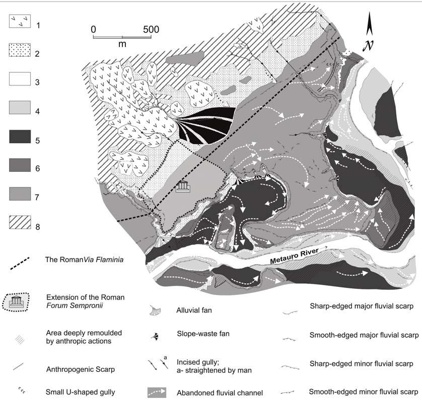 3 Geomorphological sketch of the Forum Sempronii area (after: SAVELLI et alii, 2004).