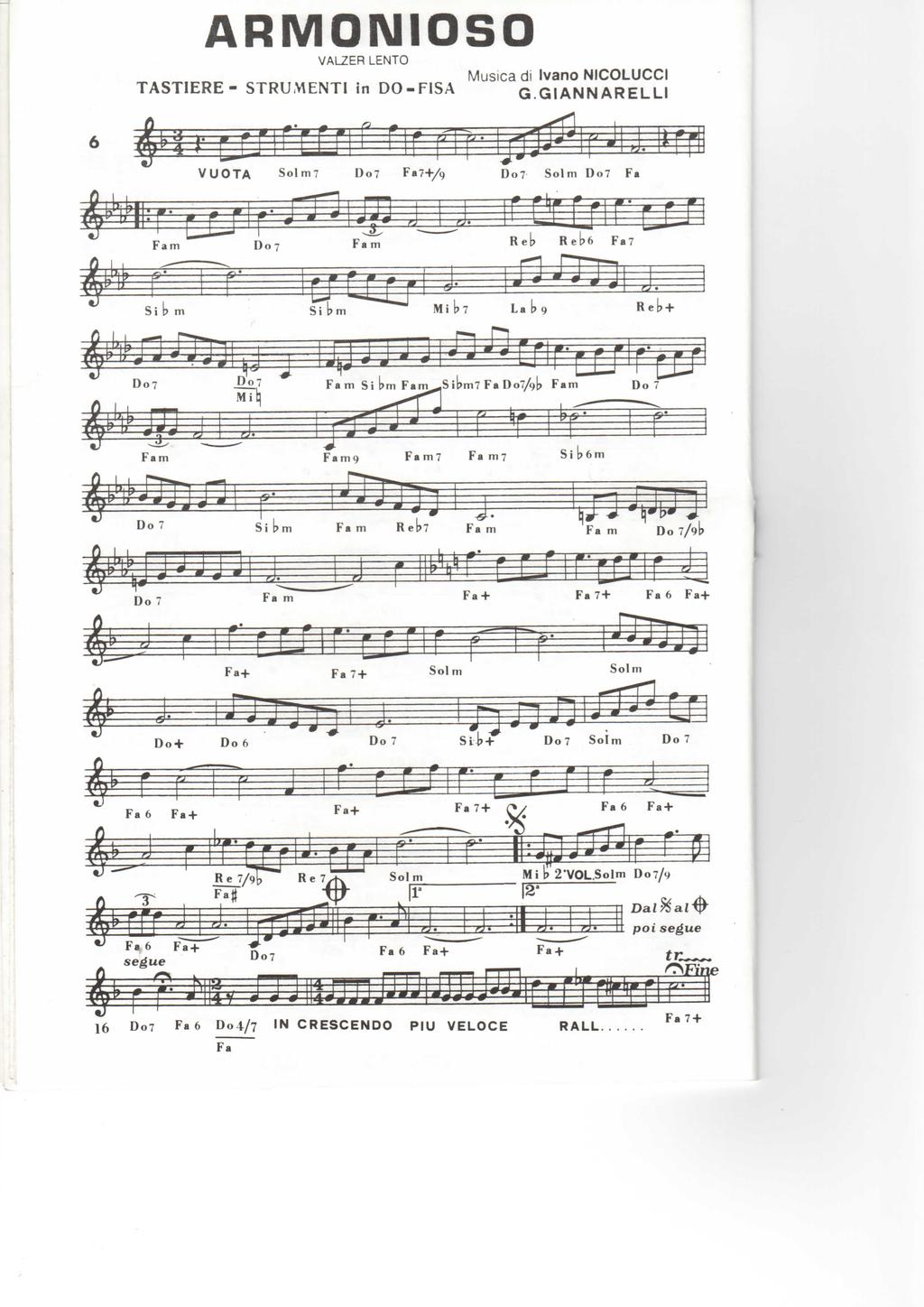 ARMONIOSO Musica di Ivano NICOLUCCI TASTIERE- STRUMENTI in DÒ-FISA G.GIANNARELLI VUOTA Solm? Do7 Fa7+/9 Do? Solm Do?