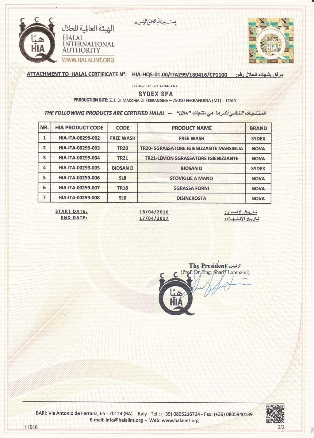 Jlt*l, 4olt'Jl,it*$Jl HATAL INTERNATIONAL Aurgorury wwvy.téalàlàr.jx*a* ATTACHMENTTO HAIAL CERTIFI ATE N": HIAHQSO1.