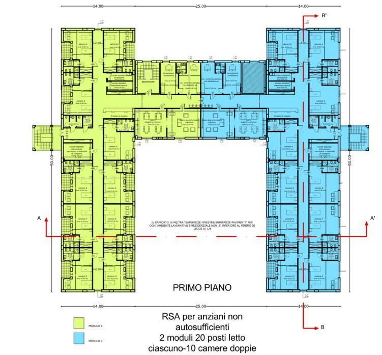 Le residenze sanitarie assistenziali - RSA La SCIA per la realizzazione della RSA Al primo piano vi è l'area destinata alla residenzialità: ogni piano è suddiviso in due moduli da 20 posti letto