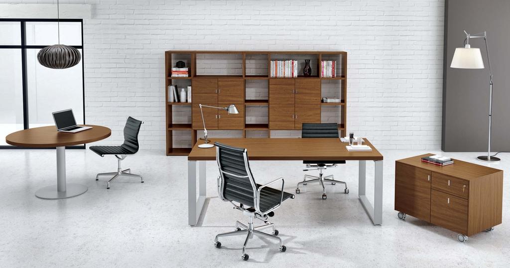 ARCHIMEDE comes with a wide choice of finishes in wood veneer and melamine. A storage system with open bookcases or hinged doors and mobile service units are available as well.