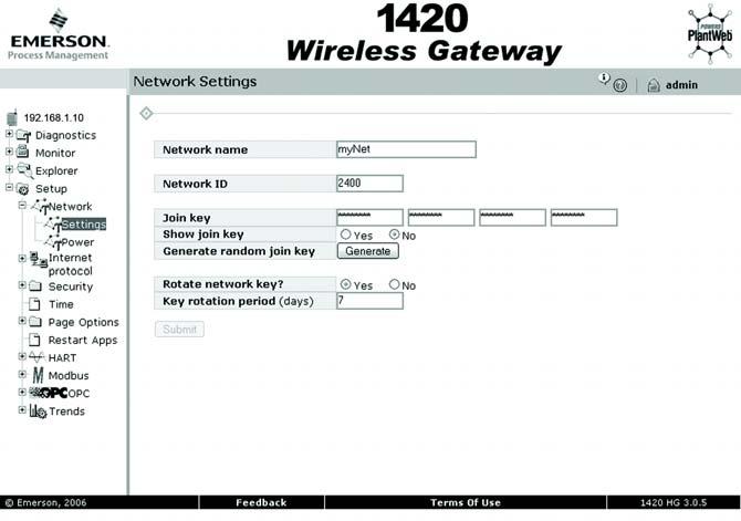 Agosto 2009 Rosemount 702 CONTINUAZIONE FASE 2... Gateway wireless 1420 Nel server web integrato del modello 1420, accedere alla pagina Explorer>Status (Gestione file>stato).