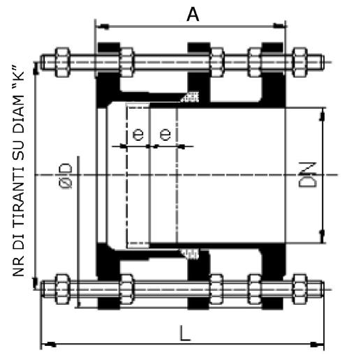 Materiali / materials - Flange e corpo centrale : Acciaio al carbonio SJ235JR o equivalenti - Flanges and main body : carbon steel - Guarnizioni : EPDM - Gaskets : EPDM - Tiranti e dadi : Acciaio al