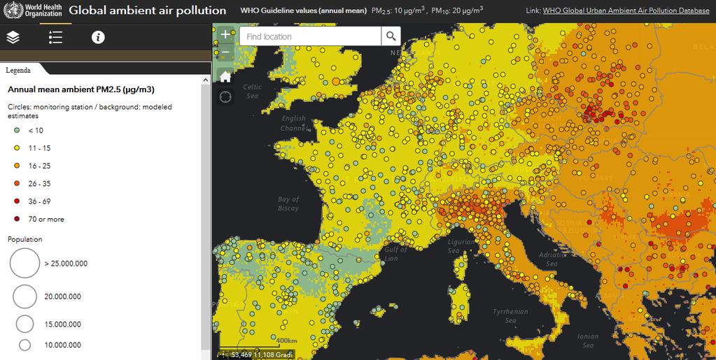 IL 92% DELLA POPOLAZIONE MONDIALE VIVE IN LUOGHI OVE I LIVELLI DI QUALITA DELL ARIA SUPERANO I LIMITI INDICATI DALL OMS Media annuale PM2.