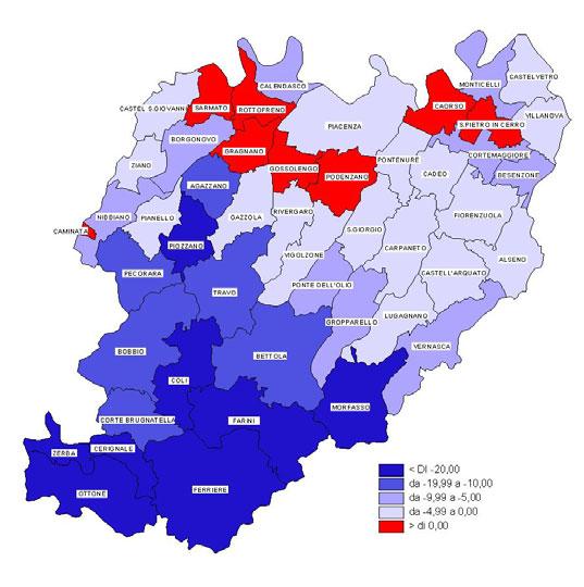 Provincia di Piacenza: tassi di crescita naturale della popolazione, 2006 Provincia di Piacenza: tassi di migratorietà della popolazione, 2006 - l avvicinarsi dei tassi di crescita naturale nei tre