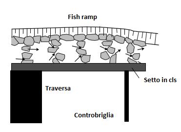 Fish ramp Le fish ramp sono rampe in pietrame che interessano solo parzialmente la larghezza dello sbarramento da adeguare; a differenza delle bottom ramp, che usualmente vengono impiegate per