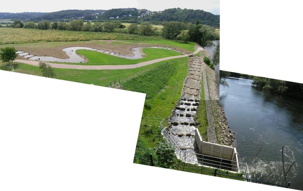 Esempio di canale by-pass con percorso sviluppato a valle dello sbarramento e ripiegato verso il piede dello sbarramento (da Gebler, 2007) Nel caso di variazioni significative dei livelli di monte