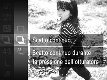 Colore e scatto continuo Premere completamente il pulsante dell'otturatore per scattare in modo continuo. 128 Scatto continuo Configurare l'impostazione.