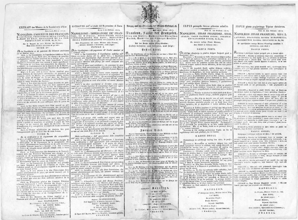 Kat. br. 48 Peterojezični proglas o likvidaciji kredita iz 1812. čija je svaka stranica bila podijeljena na dva stupca.