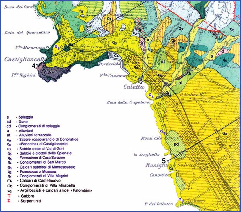 Figura 3: Carta geologica dalla Buca dei Corvi alla Punta del Lillatro, stralcio dalla Carta geologica del Comune di Rosignano Mmo., da [4].