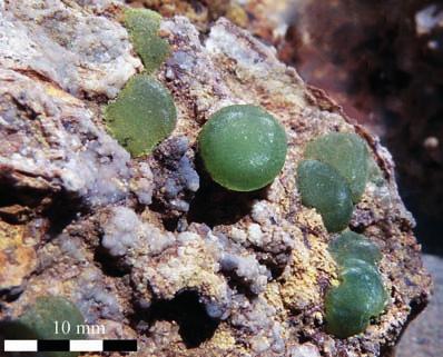 Spesso nello stesso tipo di rocce ma in altre fessure, si hanno spruzzature di sferule incolori vitree, che anche al microscopio appaiono lisce, ma a forte ingrandimento mostrano faccette romboidali.