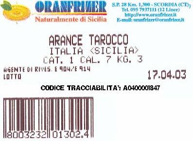 Il progetto di tracciabilità CODICE TRACCIABILITA A0400001847 ARANCE TAROCCO PRODOTTE DA: PUGLISI ALFIO CONTRADA BAE SCORDIA CATANIA Andrea Payaro 41 Organizzazione di Produttori Socio Produttore