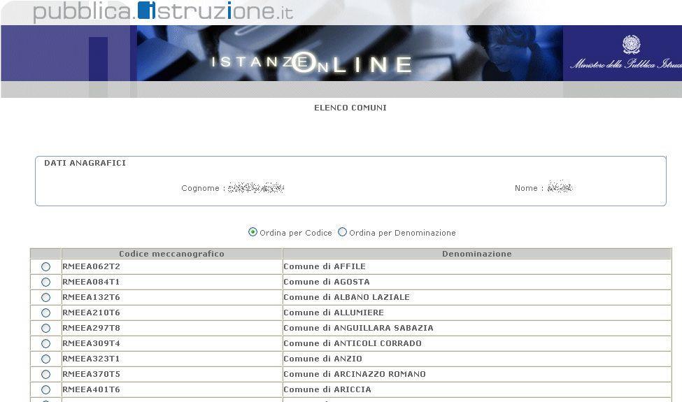 Scegli Comune appare la seguente schermata: Selezionare un codice e cliccare su