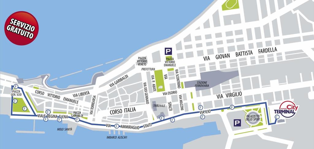 LINEE IDEALI PER RAGGIUNGERE IL PORTO E L IMBARCO PER LE ISOLE 2A -navetta servizio gratuito- TERMINAL Piazzale Papa Giovanni Paolo II (Capolinea) Via dei Grandi Eventi Via Ilio Via Amm.