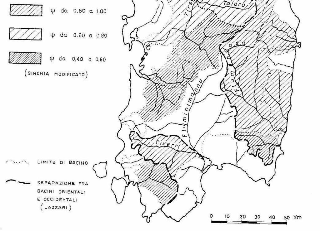 Mappatura del coefficiente di Sirchia-Fassò Per il bacino in esame il valore di Ψ non viene fornito (la zona in cui ricadono i bacini in esame non è campita).