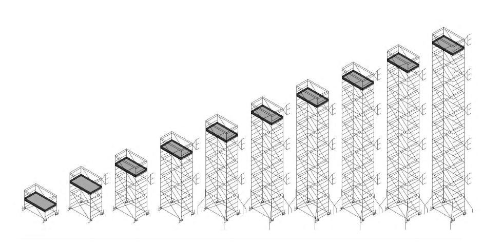 Torre (m 1,60) n 1 alzata Torre (m 1,20) n 1 alzata Base Estraibile Cuneo cad. Base Speciale Piano di lavoro (utile) Set finale Staffa stabilizzatrice cad. Ponteggio a torre GOLDEN COD ALTEZZA LARGH.