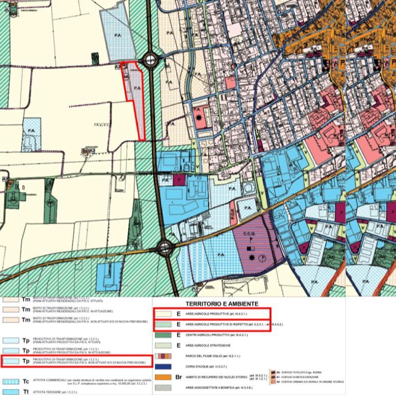 Le aree sono attualmente identificate nel PGT vigente come ambiti produttvi Tp e nella variante