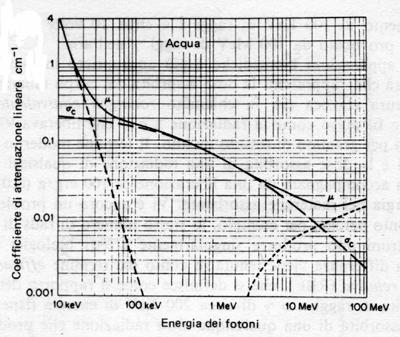 In figura 1 e figura 2 vengono mostrati i contributi all attenuazione del fascio incidente in funzione della sua energia dovuti agli effetti sopra descritti, rispettivamente per l acqua, che simula i