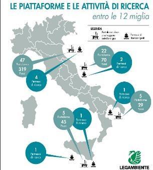 Le restanti 26 concessioni, per un totale di 79 piattaforme e 463 pozzi, sono distribuite tra mar Adriatico, mar Ionio e canale di Sicilia.