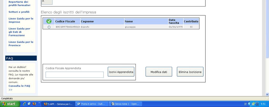 L'apprendista iscritto correttamente comparirà nella schermata elenco degli iscritti dell'impresa.