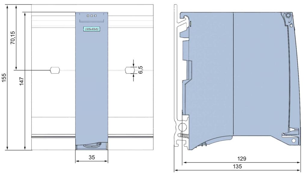 Disegno quotato A L'appendice comprende il disegno quotato del modulo montato su una guida profilata e un disegno quotato con sportellino frontale aperto.