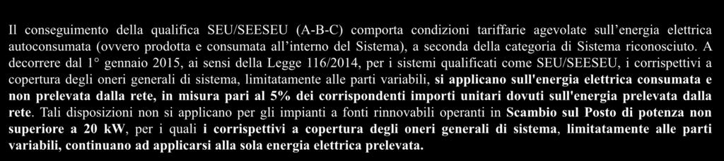 A decorrere dal 1 gennaio 2015, ai sensi della Legge 116/2014, per i sistemi qualificati come SEU/SEESEU, i corrispettivi a copertura degli oneri generali di sistema, limitatamente alle parti