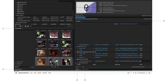 Interfaccia utente di Adobe Media Encoder A. Pannello Codifica B. Pannello Coda C. Browser predefiniti D. Cartella esaminata E.