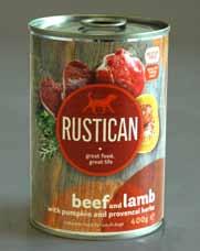 NEW RUSTICAN - ALIMENTI PER CANE MANZO 400 G C165915 Composizione: carne e derivati (manzo 55%, cuoricini di pollo 10%), frutti (mirtilli 5%), minerali 1%, olii e grassi (olio di