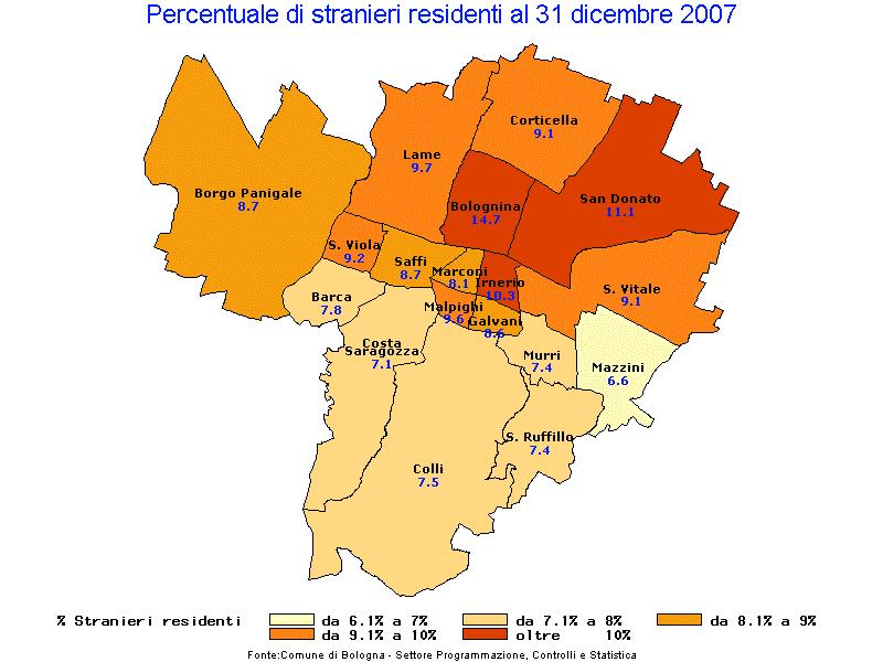 Gli stranieri e la città: Bolognina è la zona più multietnica Quartieri Zone Borgo Panigale Stranieri al 31 dicembre 27 2.134 Navile 7.691 Bolognina 4.726 Corticella 1.58 Lame 1.385 Porto 2.