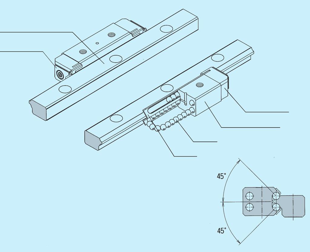 Guida LM Tipo HR ultrapiatto Rotaia LM Tenuta frontale Carrello LM Frontale di ricircolo Lamierino Sfere Sezione Figura 1: Struttura della guida LM tipo HR Costruzione e caratteristiche Il sistema di