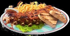 XXL PORK STEAK 9,50 310 gr di filetto di maiale in croccante panatura servito con patatine fritte e salsa BBQ PORK RIBS 15,00 Costolette di baby pork stufate in salsa BBQ e servite con patatine