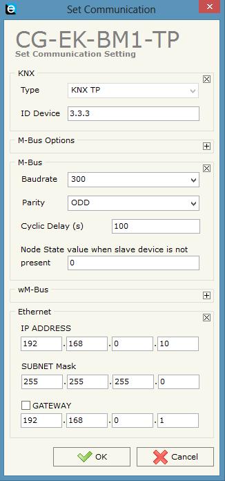 5.3 Parametri di comunicazione In questa sezione, vengono definiti i parametri fondamentali di comunicazione per la rete KNX TP, per la rete M-Bus e per la connessione Ethernet.