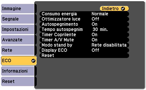 Impostzioni di configurzione del proiettore - Menu ECO 121 Le impostzioni del menu ECO consentono di personlizzre le funzioni del proiettore per risprmire energi.