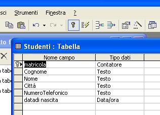 Creazione mediante visualizza struttura Un altra operazione è la definizione della chiave primaria.