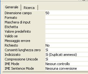 Creazione mediante visualizza struttura Generale Le proprietà variano a seconda del tipo di dati scelto dal menù precedente (una parte sono visualizzati nella pagina successiva), per esempio per un