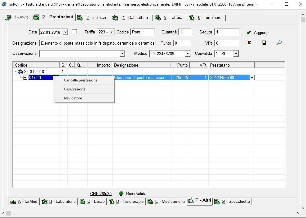 Registrare prestazioni, note complementari: menu contestuale Per visualizzare il menu