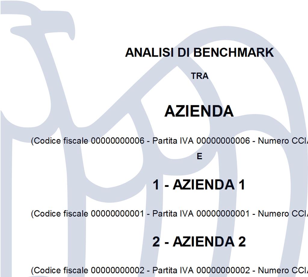 ANALISI DI BENCHMARK TRA AZIENDA (Codice fiscale 00000000006 - Partita IVA 00000000006 - Numero CCIAA MI0000006) E 1 - AZIENDA 1 (Codice fiscale 00000000001 - Partita IVA 00000000001 - Numero CCIAA