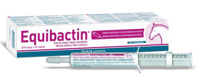 EQUIBACTIN VET (333 mg/g+67 mg/g) Pasta orale per cavalli. 1 grammo di prodotto contiene Principi attivi: Trimetoprim 66,7 mg Sulfadiazina 333.3 mg Forma farmaceutica Pasta orale.