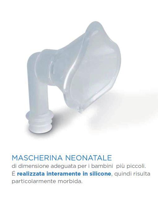 Caratteristiche della mascherina neonatale Mascherina neonatale di dimensione adeguata per i bambini più piccoli. È realizzata completamente in silicone, quindi particolarmente morbida.