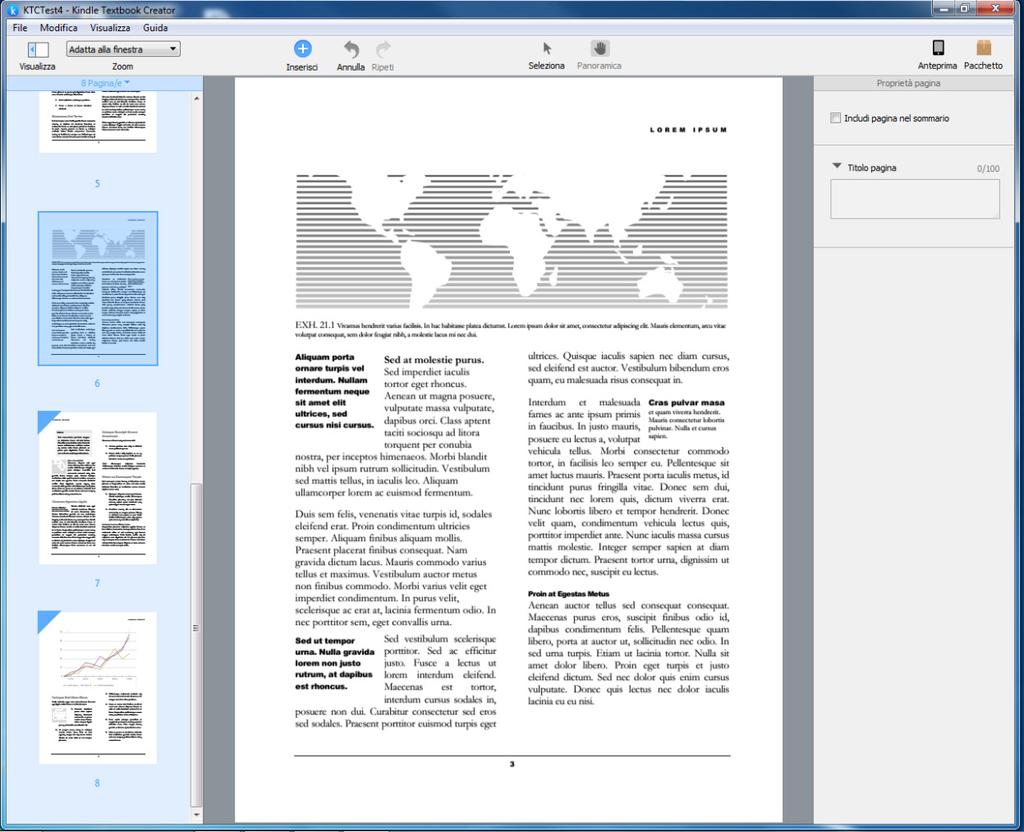 1.4 Area di lavoro di Kindle Textbook Creator Le sezioni seguenti descrivono le funzionalità dell'area di lavoro di Kindle Textbook Creator (vedere Figura 2). 1.4.1 Pannello Pagine Figura 2: area di lavoro di Kindle Textbook Creator.