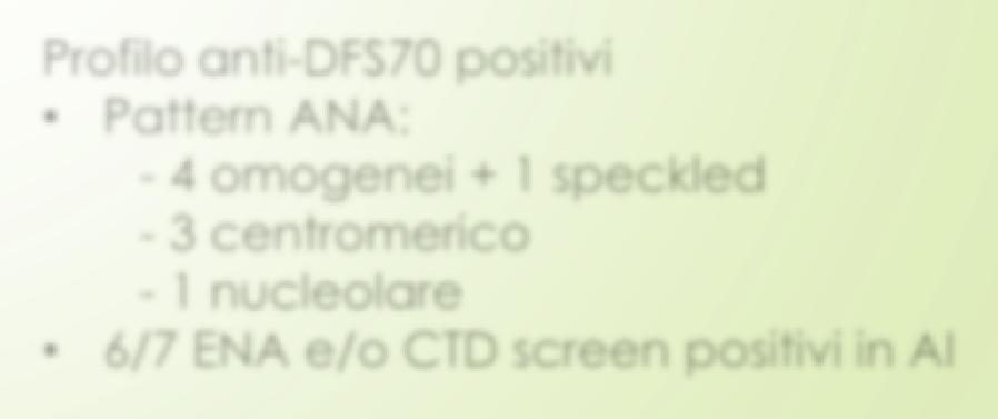 Disegno dello studio Obiettivo: valutazione della prevalenza di sieri DFS70-positivi Casistica: 368 tra i sieri del progetto PARE Metodo: CLIA con kit QUANTA Flash DFS70 e analizzatore BIO-FLASH